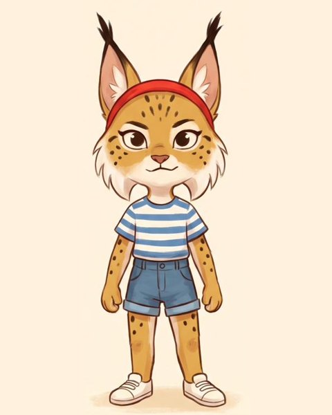 Mila, a young lynx in a red hairband and striped t-shirt