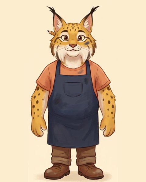 Papá Owen, a lynx in a navy work apron