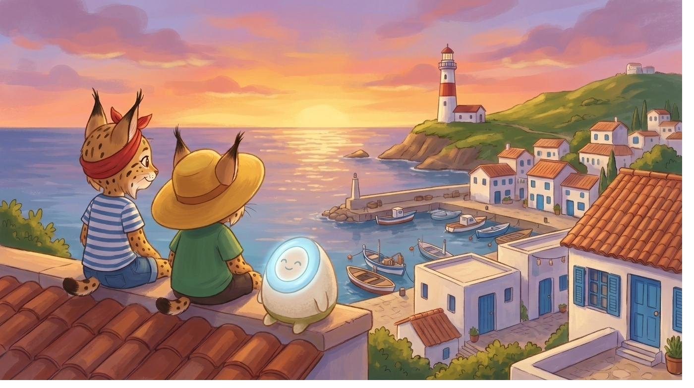 Mila, Teo and Chispa sitting on a roof terrace watching the sunset over the harbour and lighthouse