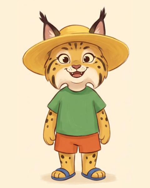 Teo, a small lynx in an oversized yellow straw hat